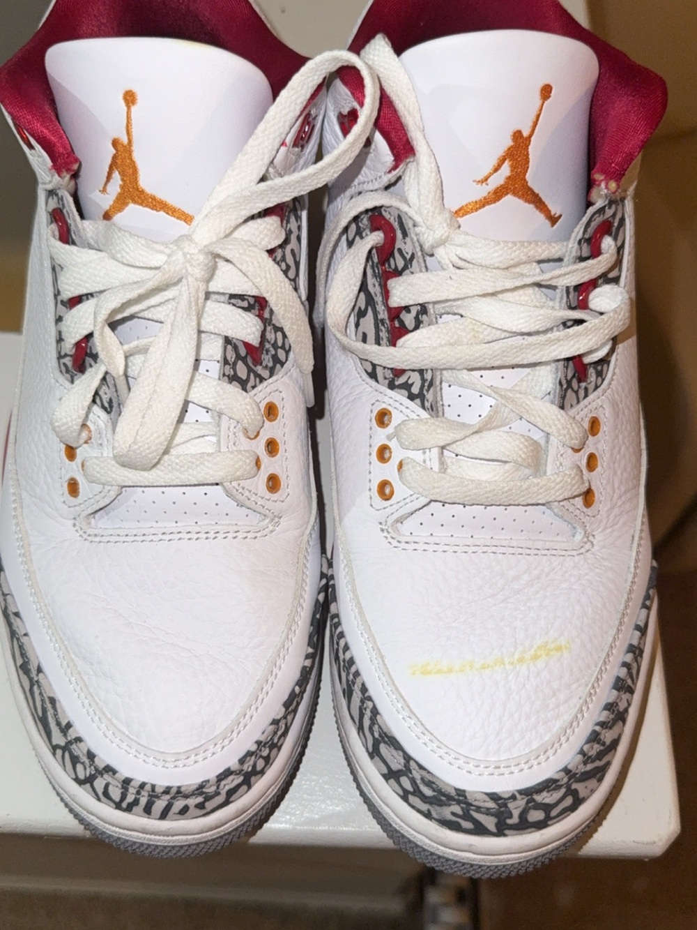 Jordan White Leather Sneakers with Gray Elephant Print and Orange Accents